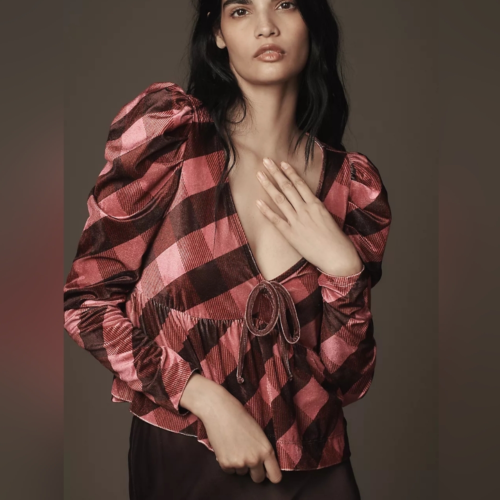 Anthropologie Maeve Plaid Velvet Puff Sleeve Babydoll Top  Pink Extra Large